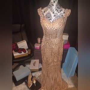 Elegant Cream And Bronze Color Sequin Evening Gown!